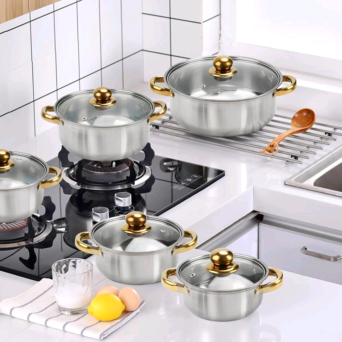 Casseroles inox dorées de 6 Pièces